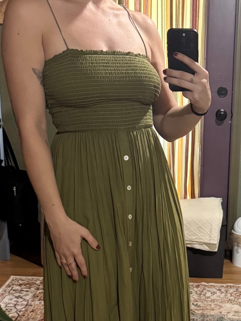 Shore smocked bodice, button-front midi dress, Color Olive green